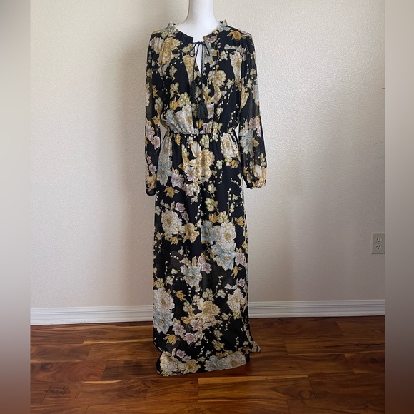 H&M floral maxi dress chiffon tailored tassel Flowers kaftan long elastic waist - Picture 1 of 12